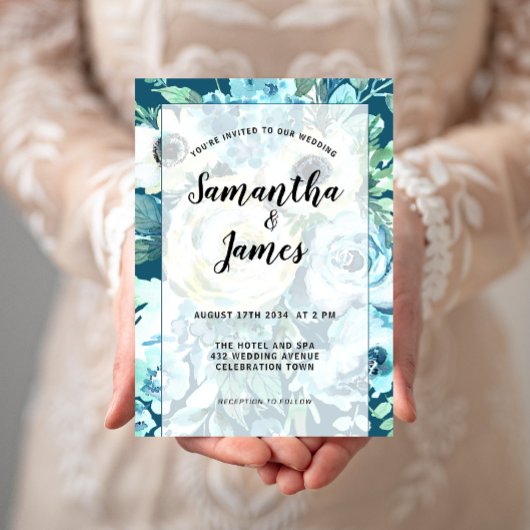 Elegante Wasserfarbe Blaue Blüte, Hochzeit Einladung