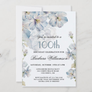 Elegante Wasserfarbe Blaue Florale 100. Geburtstag Einladung