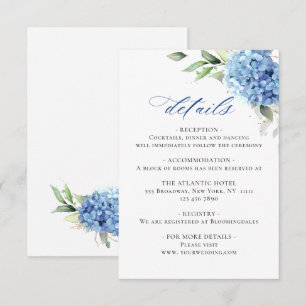Elegante Wasserfarbe Blaue Hortensien Hochzeitsdet Begleitkarte