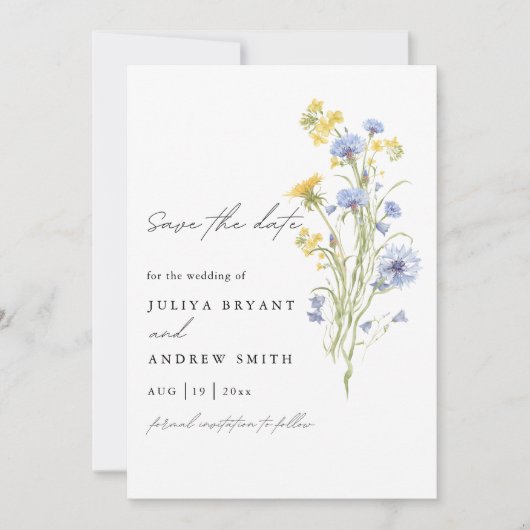 Elegante Wasserfarbe blaue Wildblume Save The Date (Vorderseite)