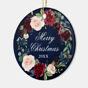 Elegante Wasserfarbe Blumenreath Frohe Weihnachten Keramik Ornament