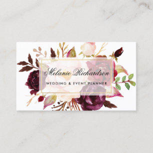 Elegante Wasserfarbe Burgunder Marsala Blumen Gold Visitenkarte