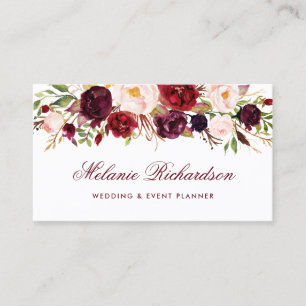 Elegante Wasserfarbe Burgunder Marsala Blumen Visitenkarte