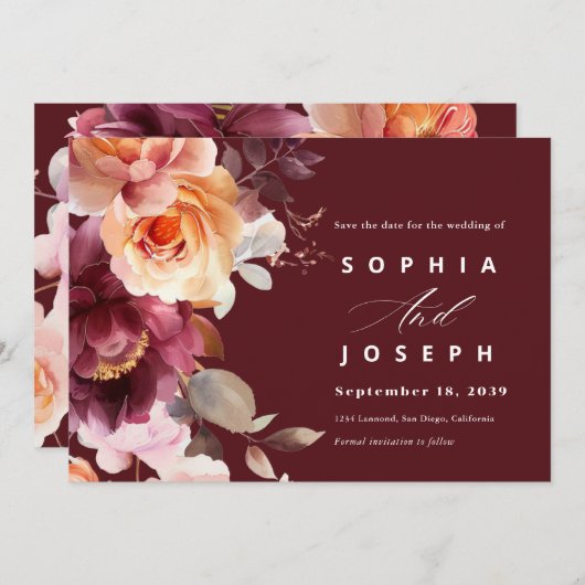 Elegante Wasserfarbe Burgundy Bouquet Blumenhochze Save The Date (Vorne/Hinten)