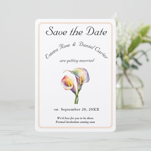 Elegante Wasserfarbe Calla Lilies Romantische Blum Save The Date (Stehend Vorderseite)