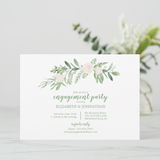 Elegante Wasserfarbe Elfenbeinfarbene Rose Engagem Einladung (Stehend Vorderseite)