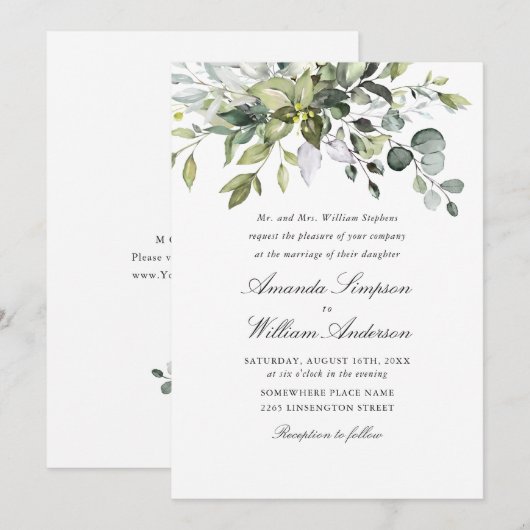 Elegante Wasserfarbe Eukalyptus Bohemisch Hochzeit Einladung (Vorne/Hinten)