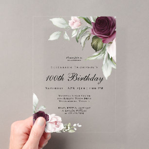 Elegante Wasserfarbe-Floral 100. Geburtstag Acryleinladungen