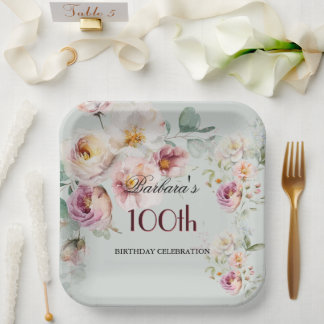 Elegante Wasserfarbe Floral 100. Geburtstagsfeier Pappteller