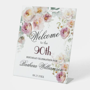Elegante Wasserfarbe-Floral-90.-Geburtstagsbegrüßu Sockelschild