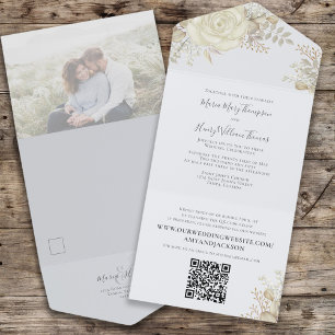Elegante Wasserfarbe-Floral-Elfenbein-Foto-QR-Code All In One Einladung