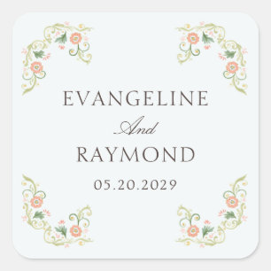 Elegante Wasserfarbe Floral Rokoko Hochzeit Quadratischer Aufkleber