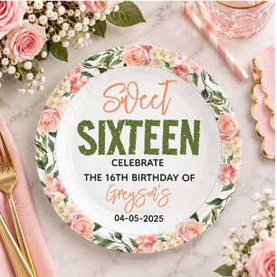 Elegante Wasserfarbe Floral Sweet Sixteen Pappteller