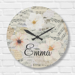 Elegante Wasserfarbe-Floral-Vintage-Notenblatt Große Wanduhr