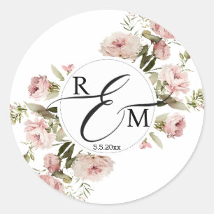 elegante Wasserfarbe florale Rosen Monogramm Hochz Runder Aufkleber