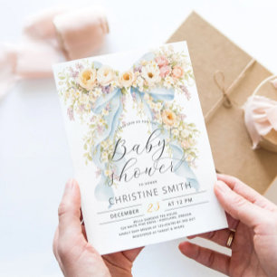 Elegante Wasserfarbe Florale Schleife Baby Shower Einladung