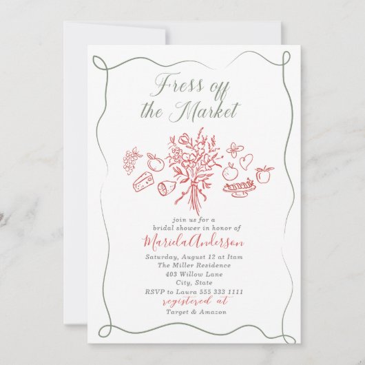Elegante Wasserfarbe frisch vom Markt Bridal Sh Einladung (Vorderseite)