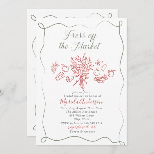 Elegante Wasserfarbe frisch vom Markt Bridal Sh Einladung (Vorne/Hinten)