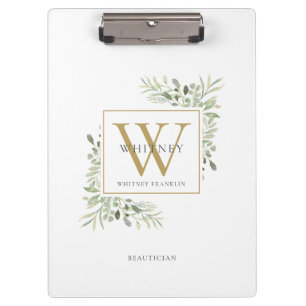 Elegante Wasserfarbe Grün Gold Weiß Monogramm  Klemmbrett