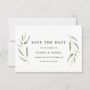 Elegante Wasserfarbe Grüne Blatt Hochzeit Save The Date
