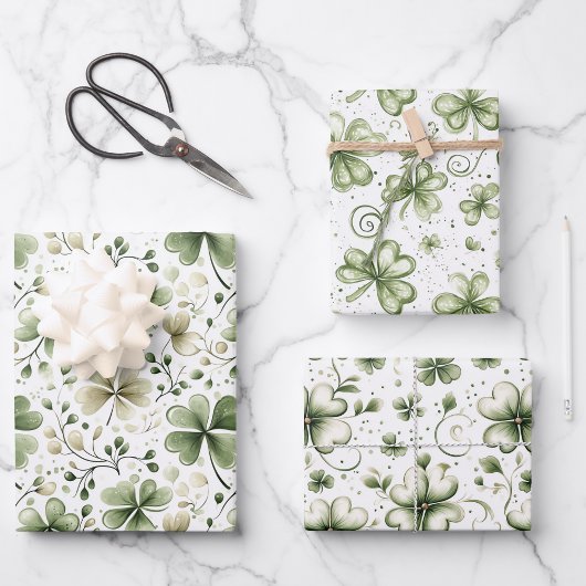 Elegante Wasserfarbe Grüne Shamrock-Muster Geschenkpapier Set