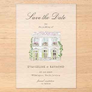Elegante Wasserfarbe-Herrenhaus-Foto-Save-the-Date Acryleinladungen