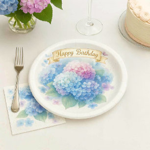Elegante Wasserfarbe Hortensien Blumen Geburtstags Pappteller