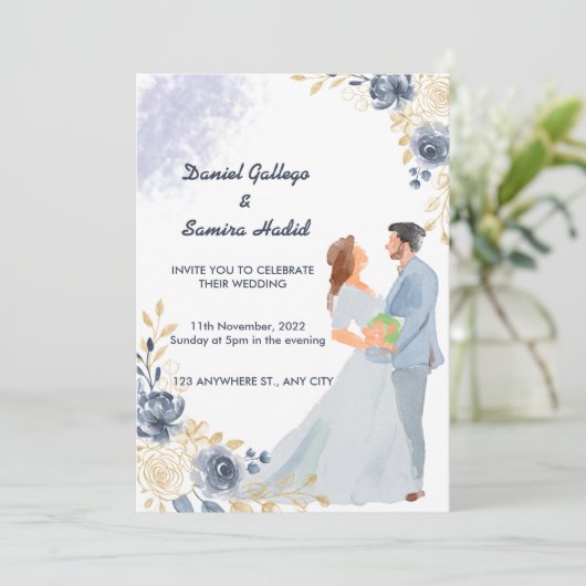 Elegante Wasserfarbe illustrierte Hochzeit Einladung (Stehend Vorderseite)