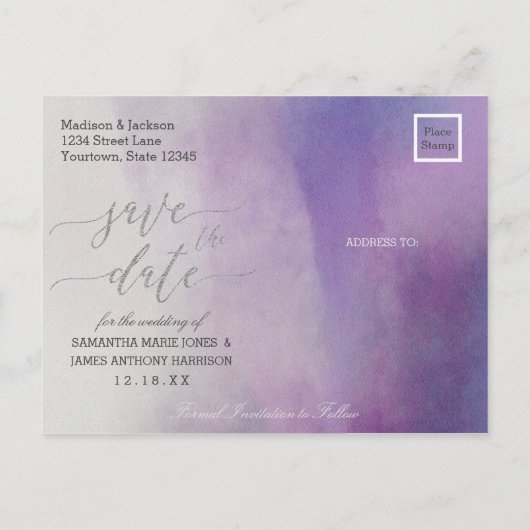 Elegante Wasserfarbe in Orchid Hochzeit Sichern Si Ankündigungspostkarte (Rückseite)