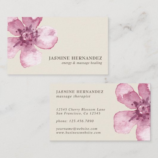 Elegante Wasserfarbe Kirsche Blossom Rosa Blüte Visitenkarte (Vorne/Hinten)