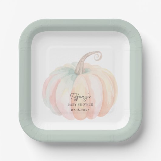 Elegante Wasserfarbe Kleine Pumpkin Baby Dusche Pappteller (Vorderseite)