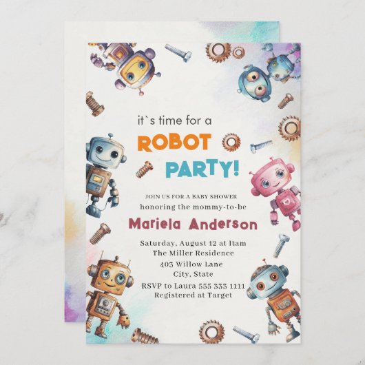 Elegante Wasserfarbe Kleine Roboter Kinderdusche Einladung (Vorne/Hinten)