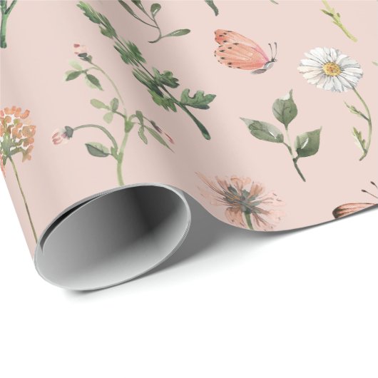 Elegante Wasserfarbe Kleine Wildblume Rosa Geschenkpapier (Rolleneckpunkt)