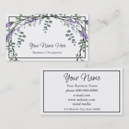Elegante Wasserfarbe lila Blumengrün Visitenkarte (Vorne/Hinten)