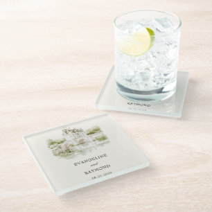 Elegante Wasserfarbe Manor-Garten-Hochzeit Glasuntersetzer