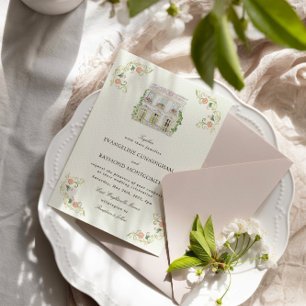 Elegante Wasserfarbe Manor Rokoko-Hochzeit Einladung