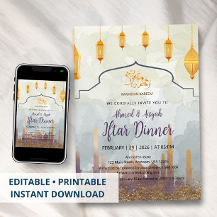 Elegante Wasserfarbe-Moschee- und Goldlaternen-Ift Einladung