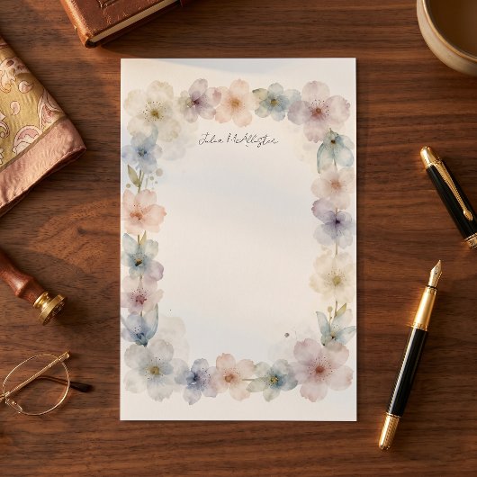 Elegante Wasserfarbe Pastell Blumenrand Name Briefpapier