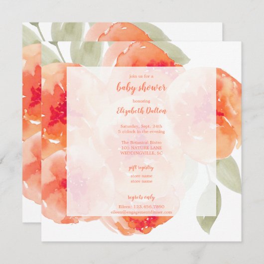 Elegante Wasserfarbe Peach Peonies Baby Dusche Einladung (Vorne/Hinten)