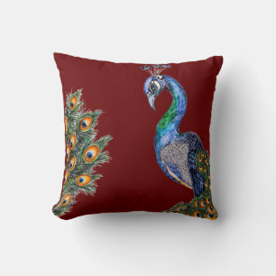 Elegante Wasserfarbe Pfau Burgund Kissen