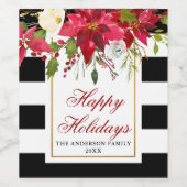 Elegante Wasserfarbe Poinsettia Urlaub gestreift Weinetikett (Einzelnes Label)