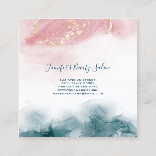 Elegante Wasserfarbe Rosa Blau Gold Alkoholtink Quadratische Visitenkarte (Rückseite)