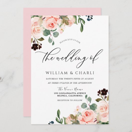 Elegante Wasserfarbe Rosa Blume Hochzeit Einladung (Vorne/Hinten)