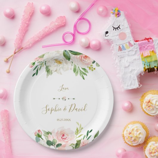 Elegante Wasserfarbe Rosa Blume Hochzeit Pappteller (Party)