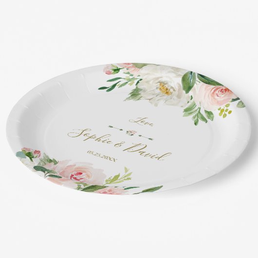 Elegante Wasserfarbe Rosa Blume Hochzeit Pappteller (Schrägansicht)