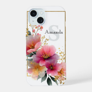 Elegante Wasserfarbe Rosa Blumenrand mit Gold iPhone 15 Hülle