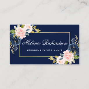 Elegante Wasserfarbe Rosa Blumig Gold Blau Visitenkarte