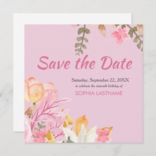 Elegante Wasserfarbe Rosa Blüte Save The Date (Vorne/Hinten)