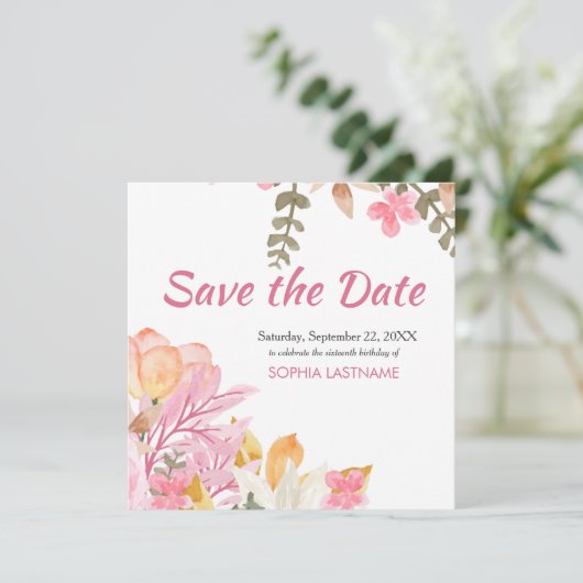 Elegante Wasserfarbe Rosa Blüte Save The Date (Stehend Vorderseite)