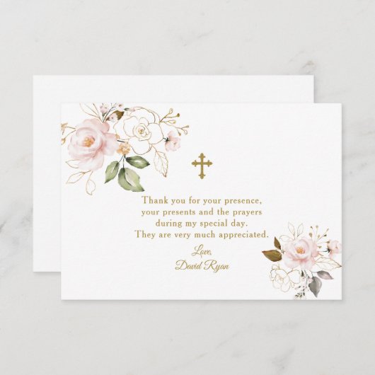 Elegante Wasserfarbe Rosa Blütengoldtaufen Dankeskarte (Vorne/Hinten)